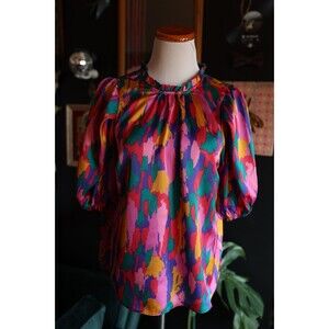 Michelle Mcdowell Libby Top Colorful Satin Ruffle Mock Neck Balloon Sleeve Top